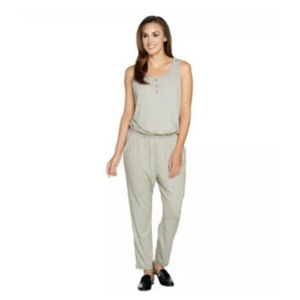 LOGO Lori Goldstein Micro Stripe Jumpsuit Size Large Stretch Sleeveless Scoop Ne